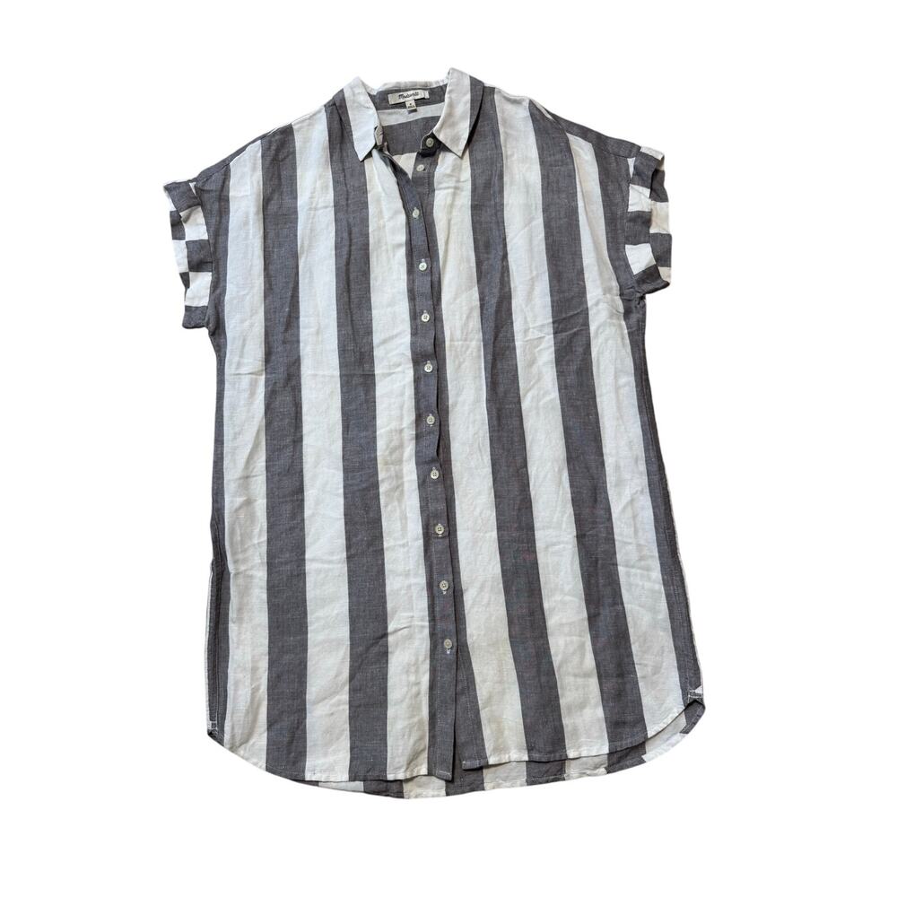 Madewell Women's Maywood Stripe Linen Viscose Short Sleeve Shirtdress Gray Sz M